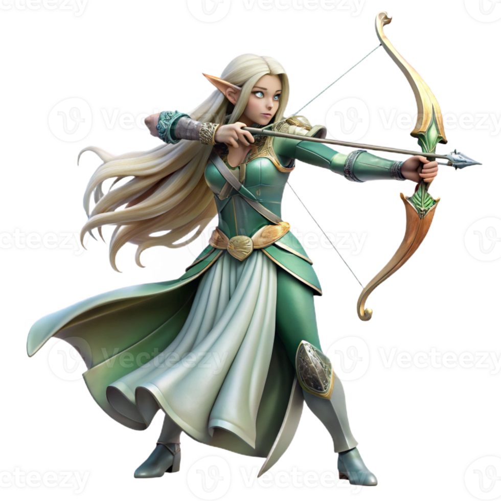 impressive modern A graceful elf archer with long, flowing hair and intricate elven armor, aiming her bow. Soft, forest lighting. Elegant, ethereal style 4K png