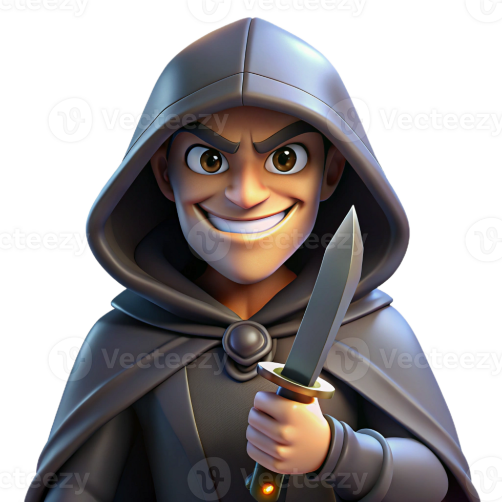 wonderful classic A cunning rogue with a hooded cloak and a mischievous grin, holding a gleaming dagger. Dramatic, chiaroscuro lighting. Dark fantasy, gritty style genuine png