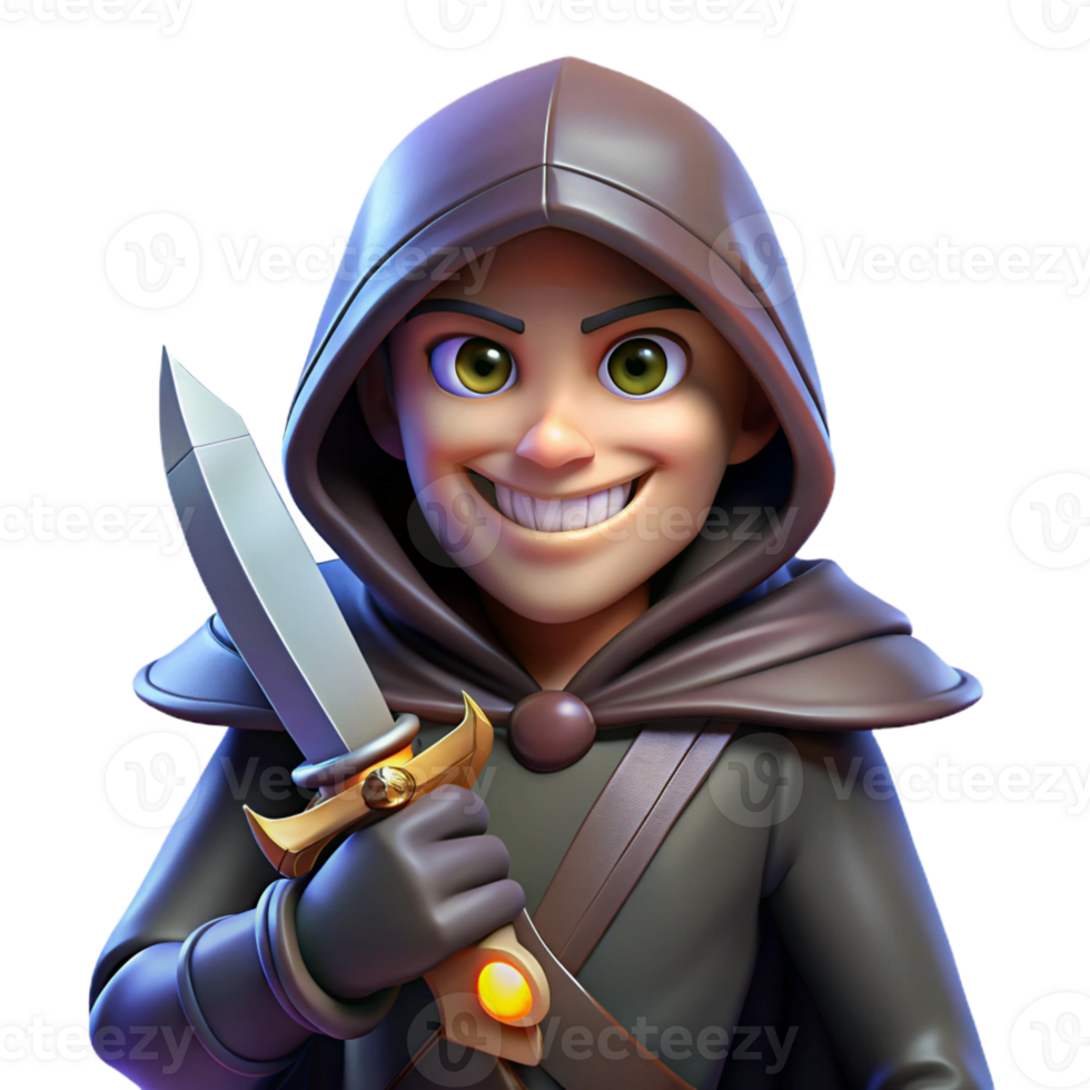 serene modern A cunning rogue with a hooded cloak and a mischievous grin, holding a gleaming dagger. Dramatic, chiaroscuro lighting. Dark fantasy, gritty style genuine png