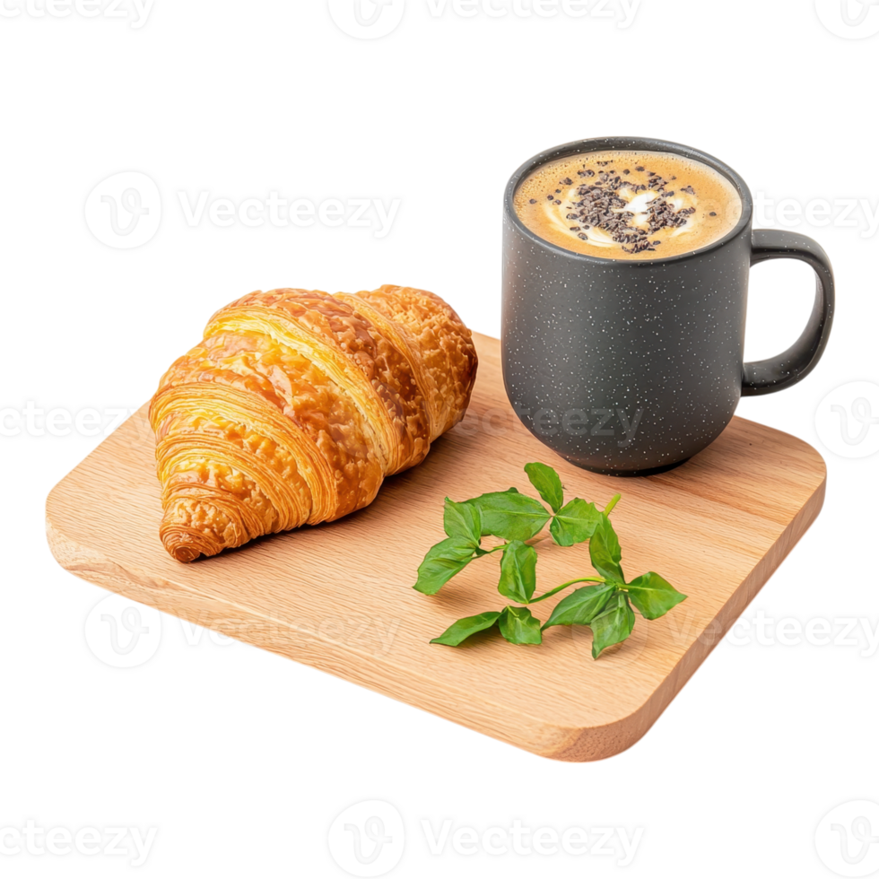 Croissant and coffee on a wooden board. Concept of breakfast, bakery, and coffee break. png