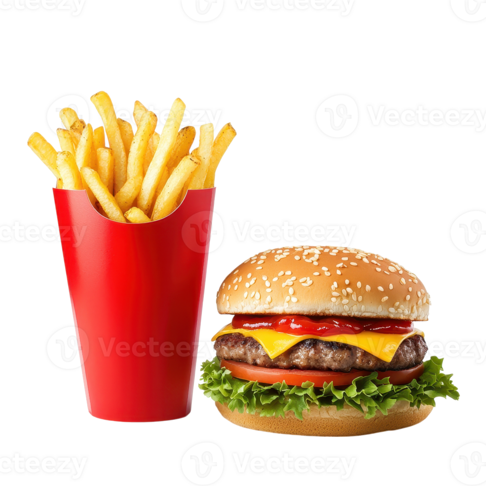 Classic cheeseburger with french fries on a transparent background. Concept of fast food, junk food, and unhealthy eating. png