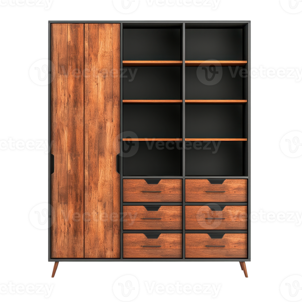 Wooden wardrobe with shelves and drawers on a transparent background. Concept of furniture, storage, and interior design. png