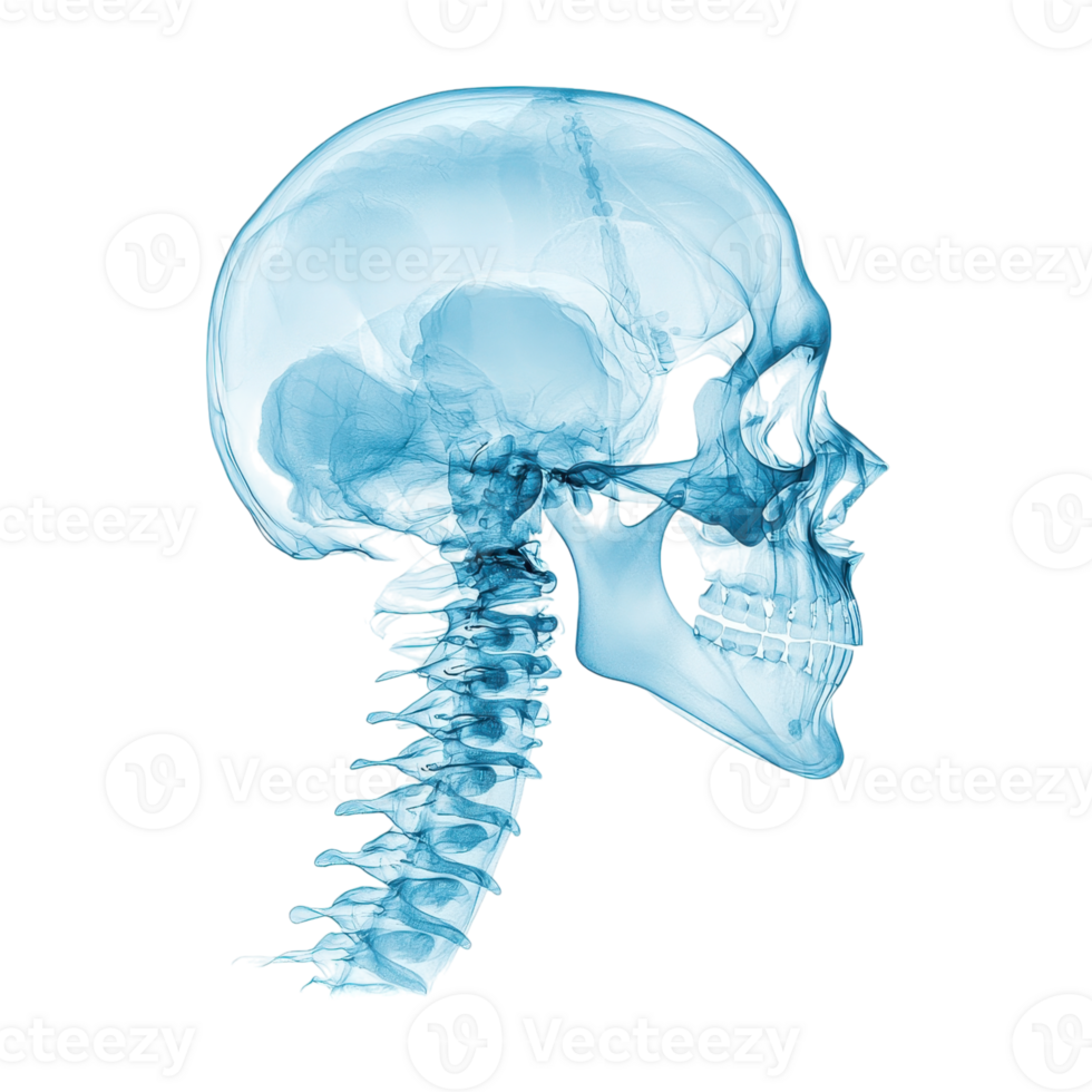 X ray of a human skull and cervical spine in profile. Medical imaging for diagnosis and treatment planning. png