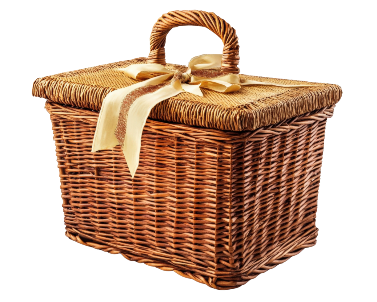 A wicker basket with a ribbon and a bow png