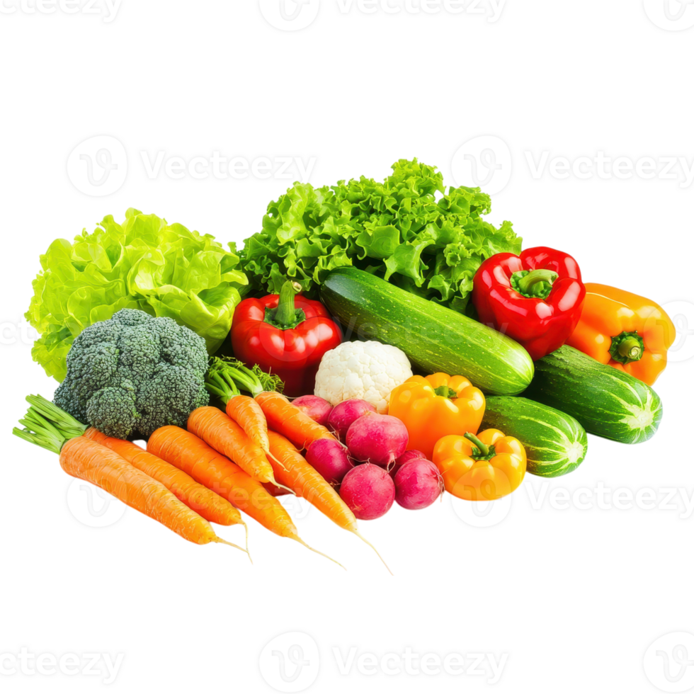 Fresh vegetables on a transparent background. Includes carrots, lettuce, peppers, cucumbers, broccoli, cauliflower, and radishes. Healthy eating concept. png
