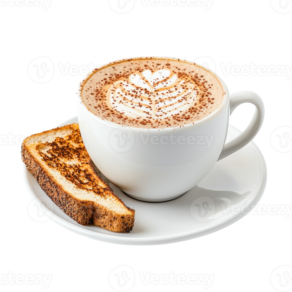 Cappuccino with latte art and toast on a plate against a transparent background. Concept of breakfast, coffee, and food. png