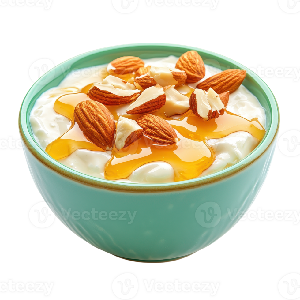 Bowl of yogurt with almonds and honey. Healthy breakfast or snack. Concept of healthy eating, dieting, and nutrition. png