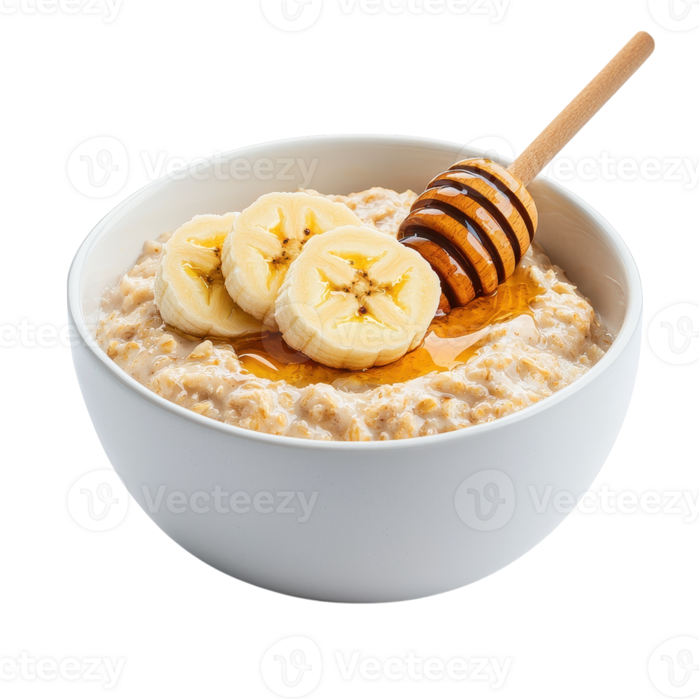 Bowl of oatmeal with banana slices and honey. Healthy breakfast concept. png