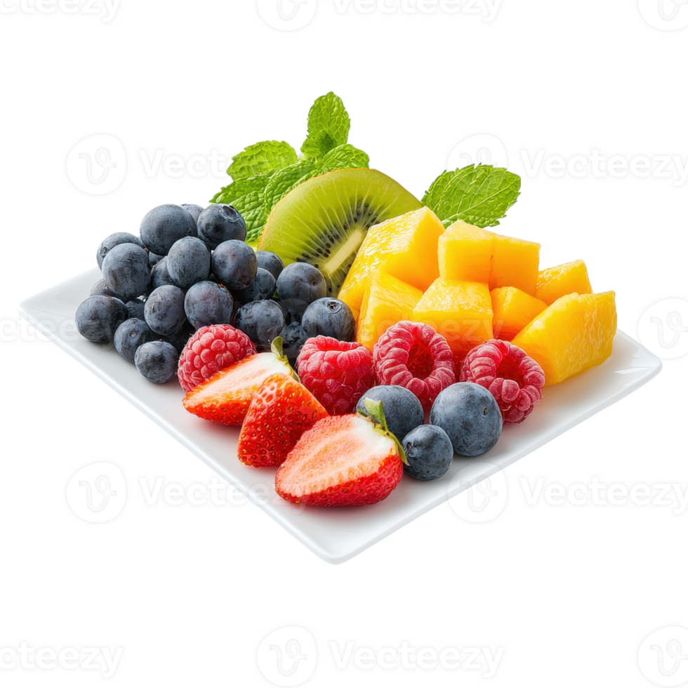Fruit platter with strawberries, blueberries, raspberries, mango, and kiwi on a white plate. Healthy eating concept. png