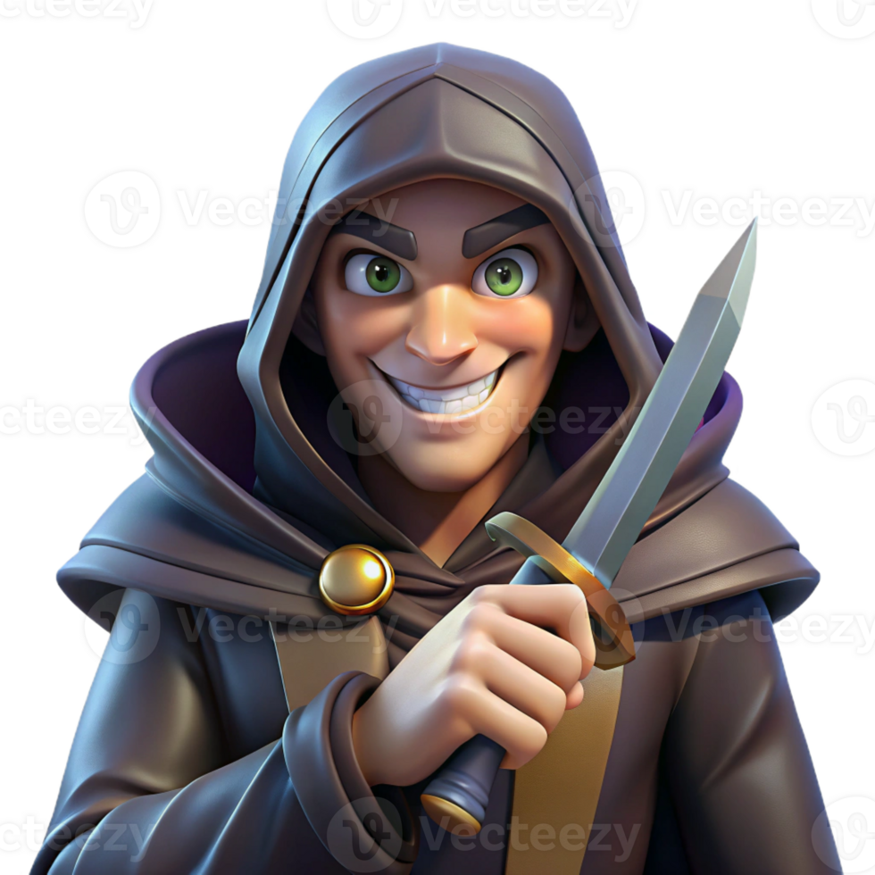 vibrant abstract A cunning rogue with a hooded cloak and a mischievous grin, holding a gleaming dagger. Dramatic, chiaroscuro lighting. Dark fantasy, gritty style original png