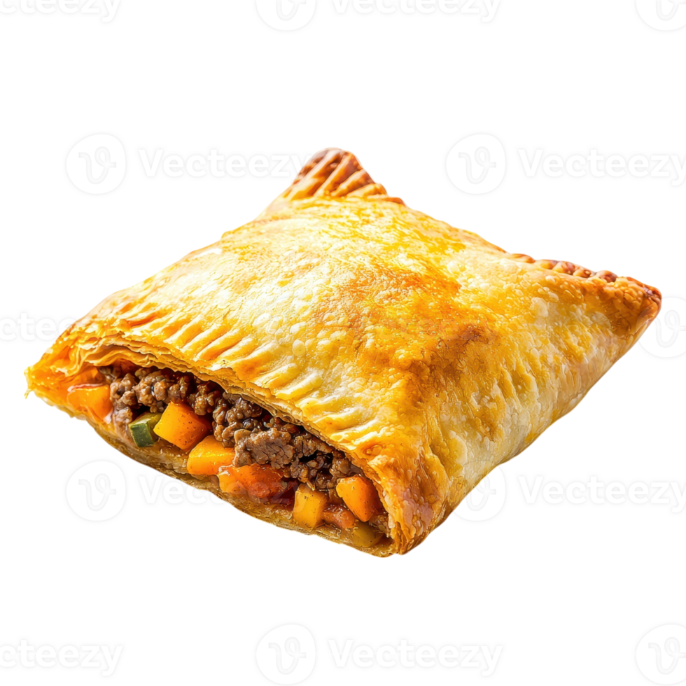 Savory meat pie with flaky crust and filling of ground beef and vegetables. Perfect for a quick lunch or snack. png