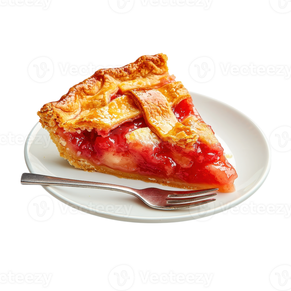 Slice of homemade cherry pie on a plate with a fork. Delicious dessert with a lattice crust. png