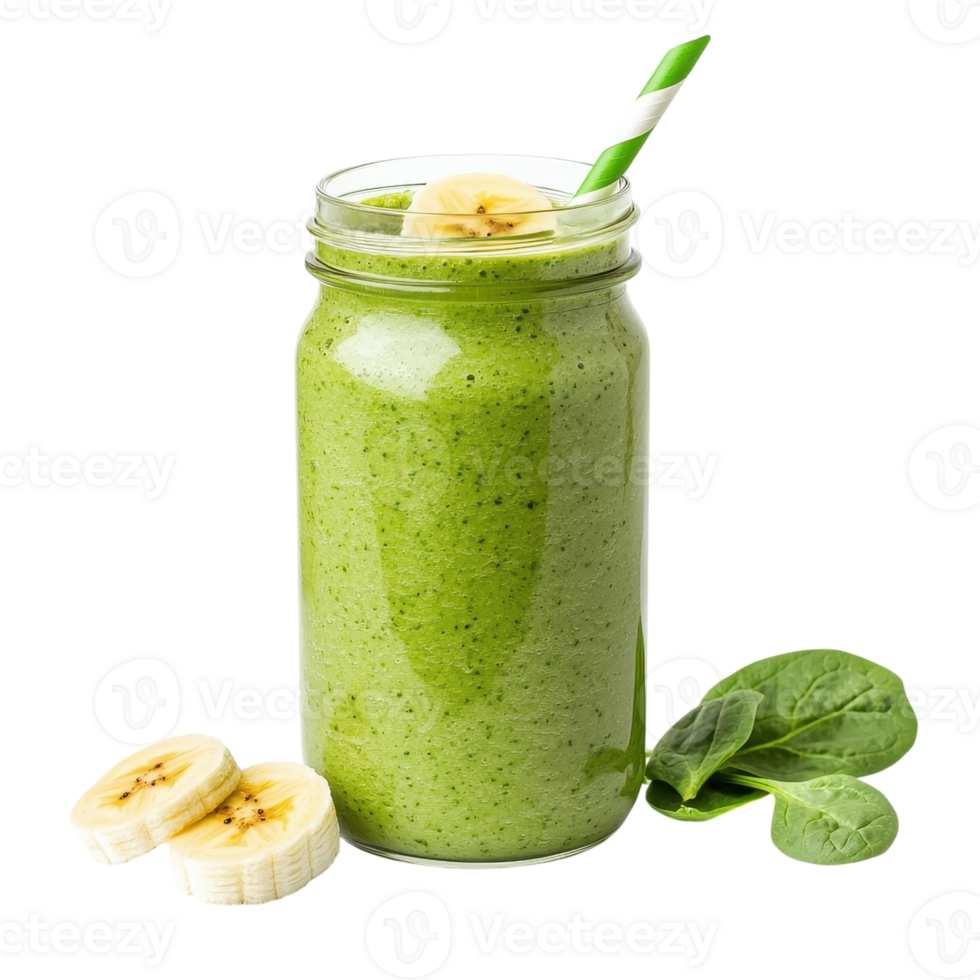 Green smoothie with banana and spinach in a glass jar. Healthy eating and detox concept. png