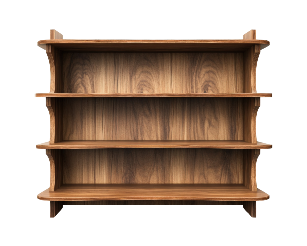 A wooden shelf with three shelves on it png