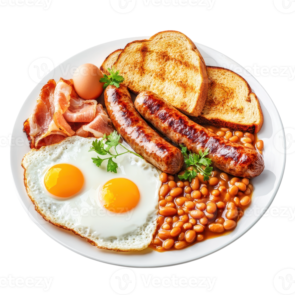 Full English breakfast with fried eggs, sausages, bacon, beans, and toast on a white plate. Traditional morning meal. png