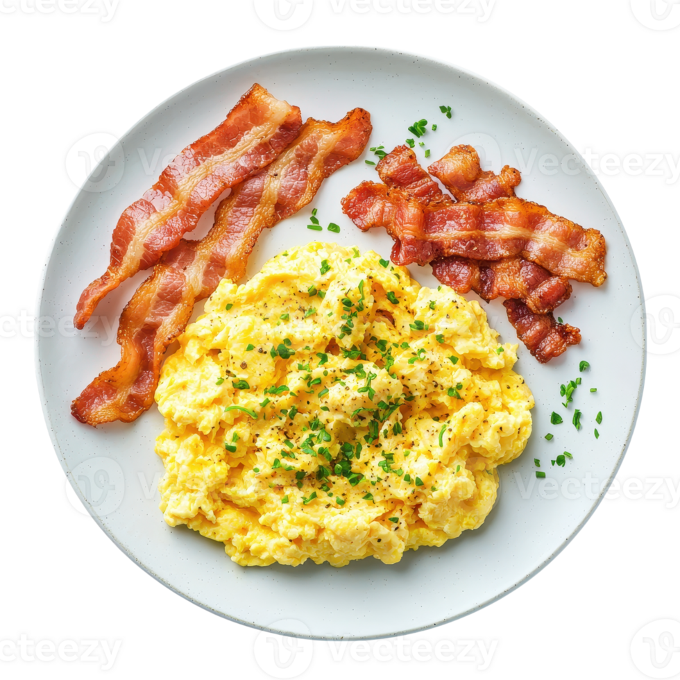 Classic breakfast, scrambled eggs with crispy bacon on a plate. Delicious and hearty morning meal. png