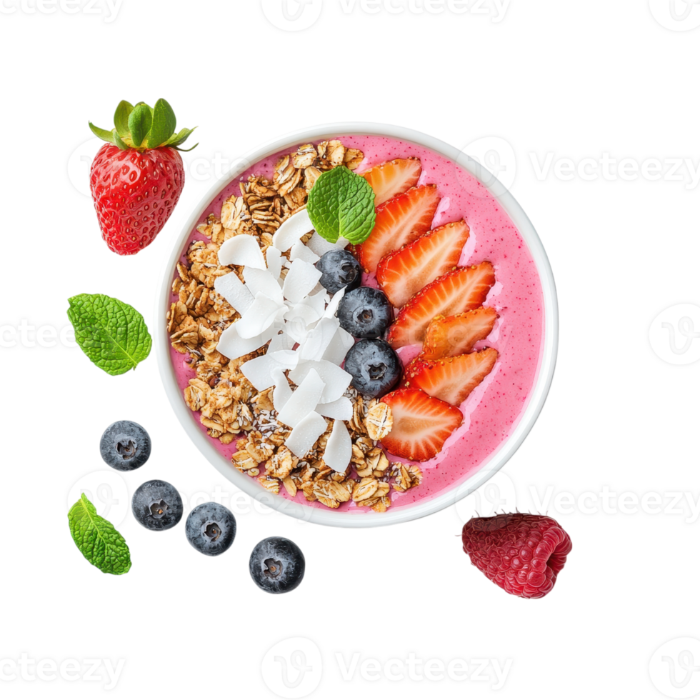 Healthy smoothie bowl with granola, coconut flakes, strawberries, blueberries, raspberry and mint on a transparent background. png