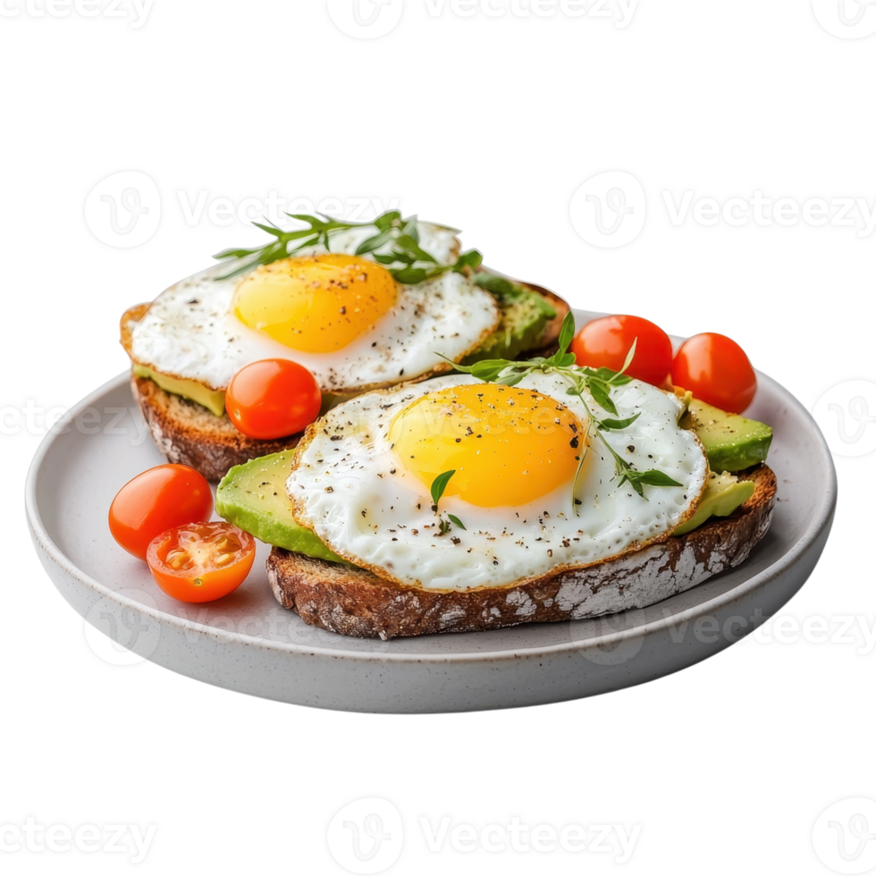 Avocado toast with fried eggs and cherry tomatoes on a plate. Healthy breakfast or brunch concept. png