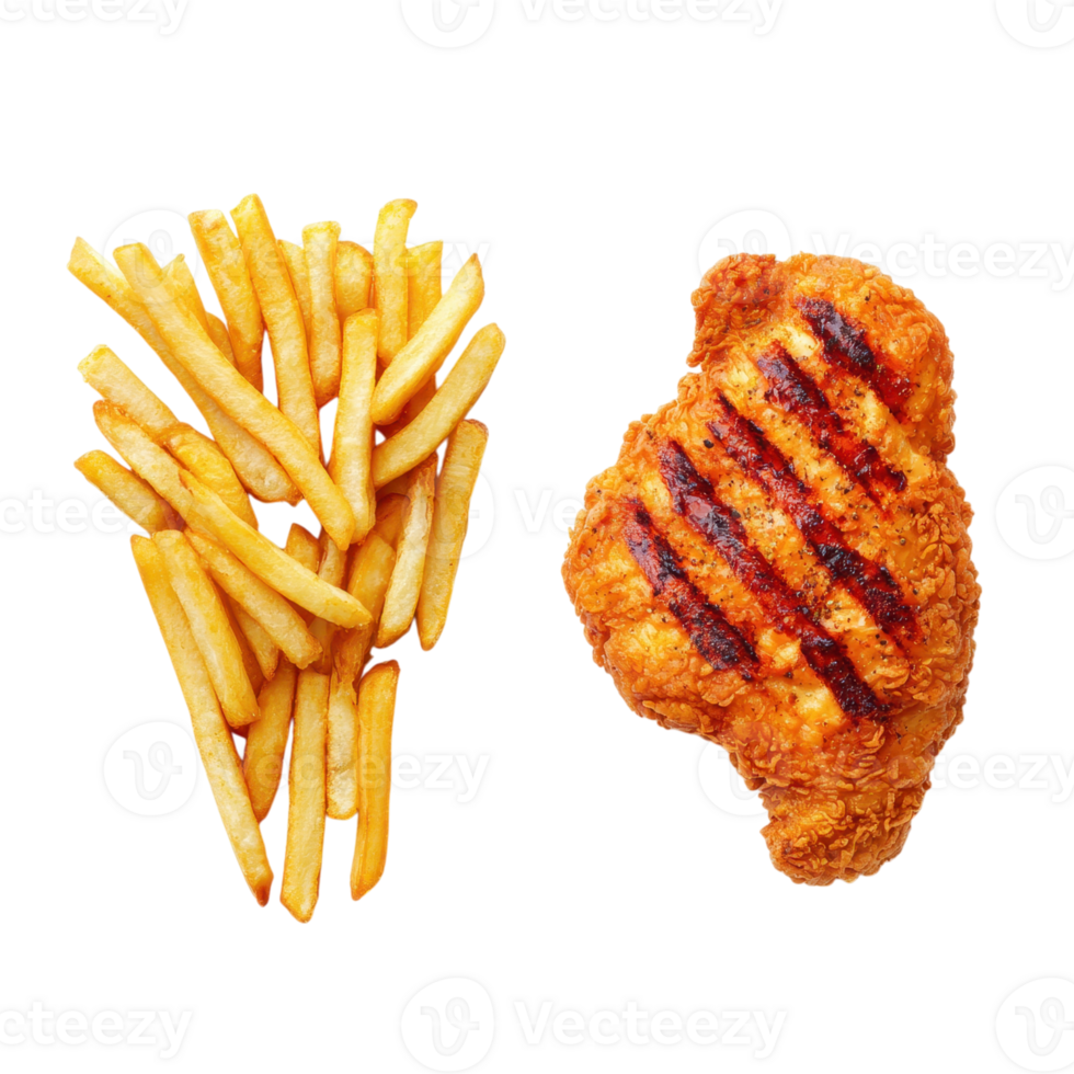 Crispy fried chicken breast and french fries on a transparent background. Concept of fast food, unhealthy eating. png