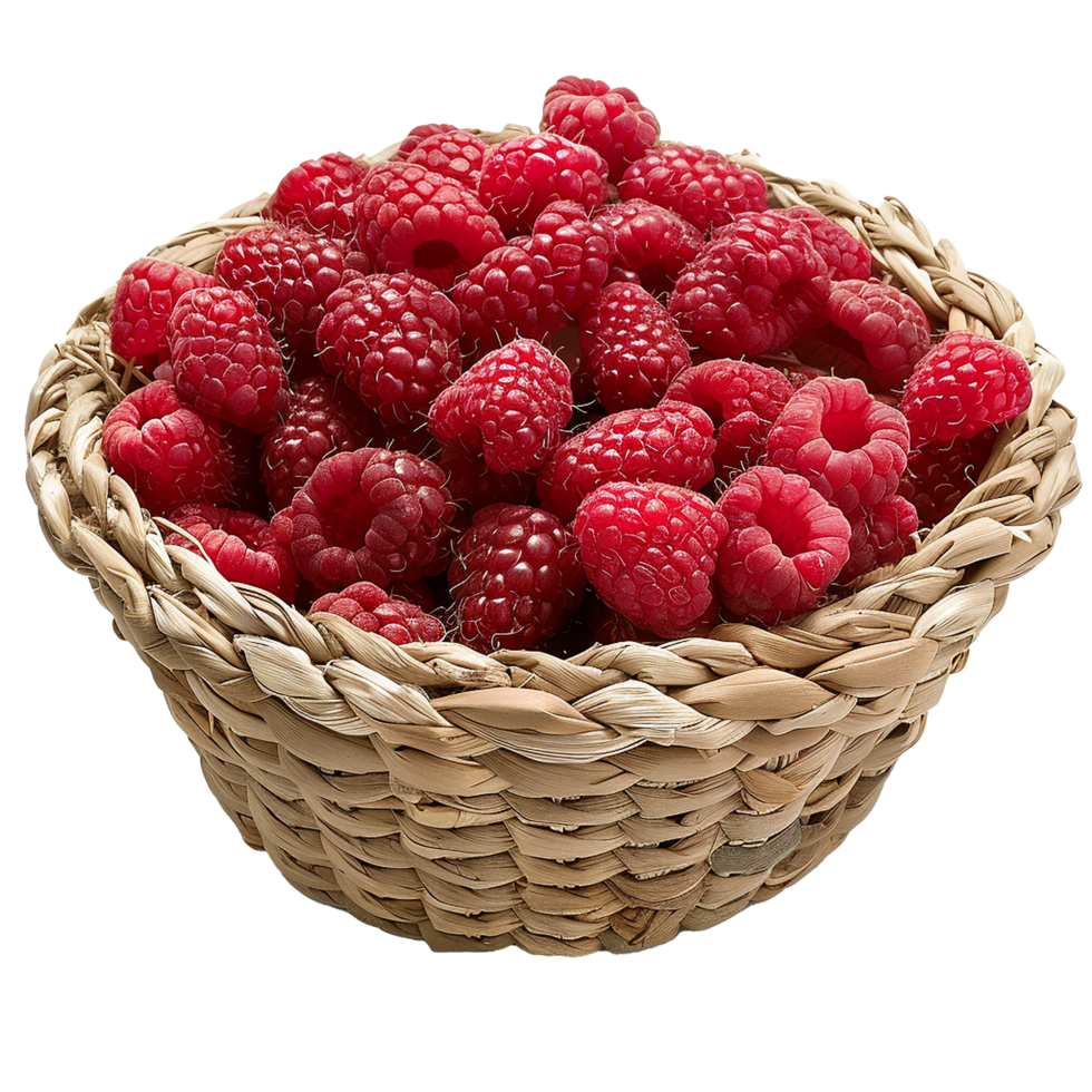 A wicker basket full fresh ripe red raspberries png