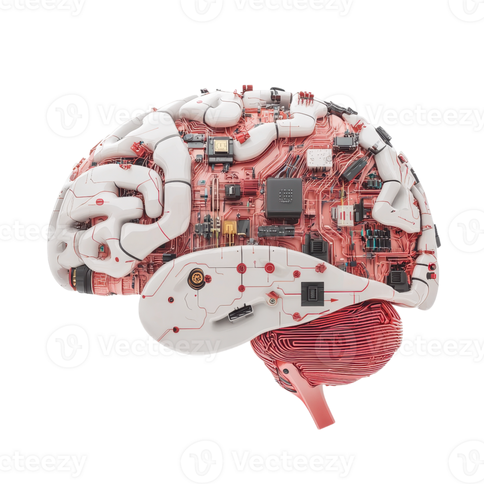 Artificial intelligence concept. Brain with computer circuit board elements. AI, machine learning, neural network. png