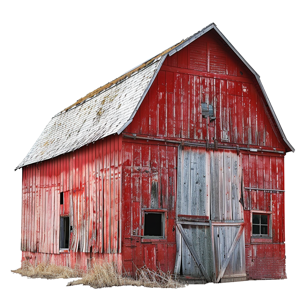 A weathered red barn stands in a field of tall grass, showing signs of age and decay png