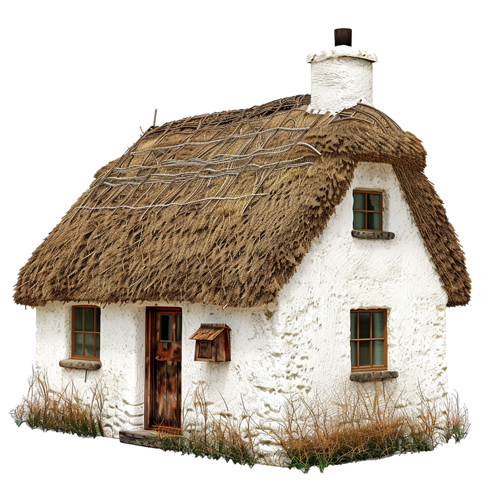 Charming ThatchedRoof Cottage with Whitewashed Walls and Rustic Details png