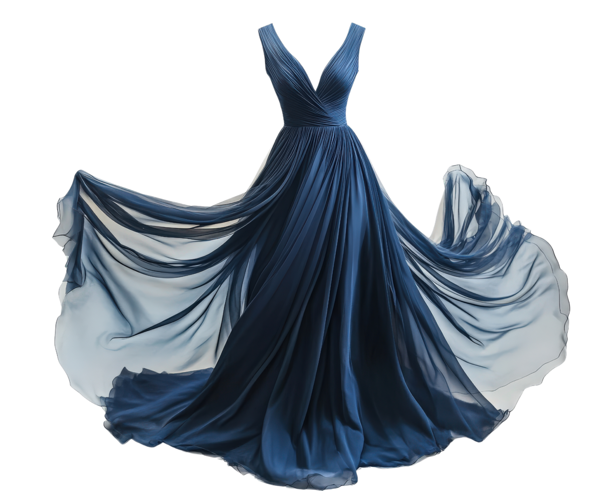 A blue evening gown with a deep v - neckline png