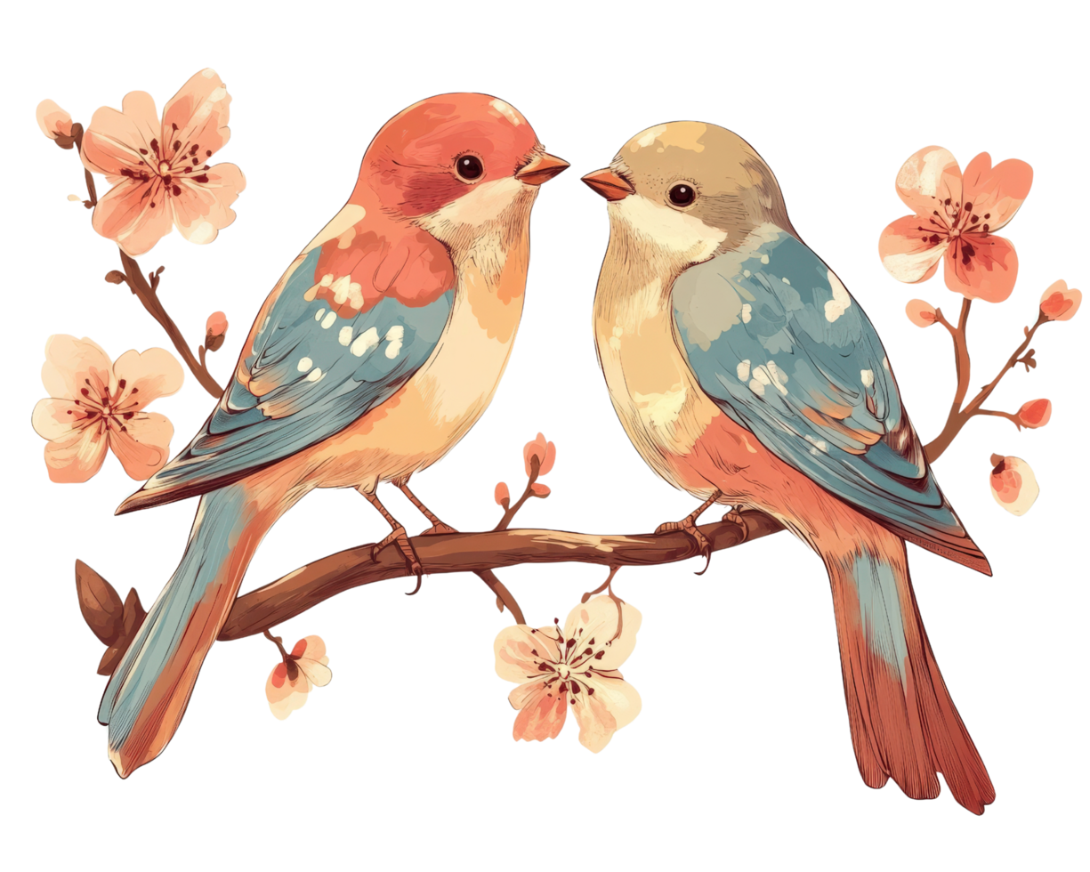 Two birds are sitting on a branch with flowers png