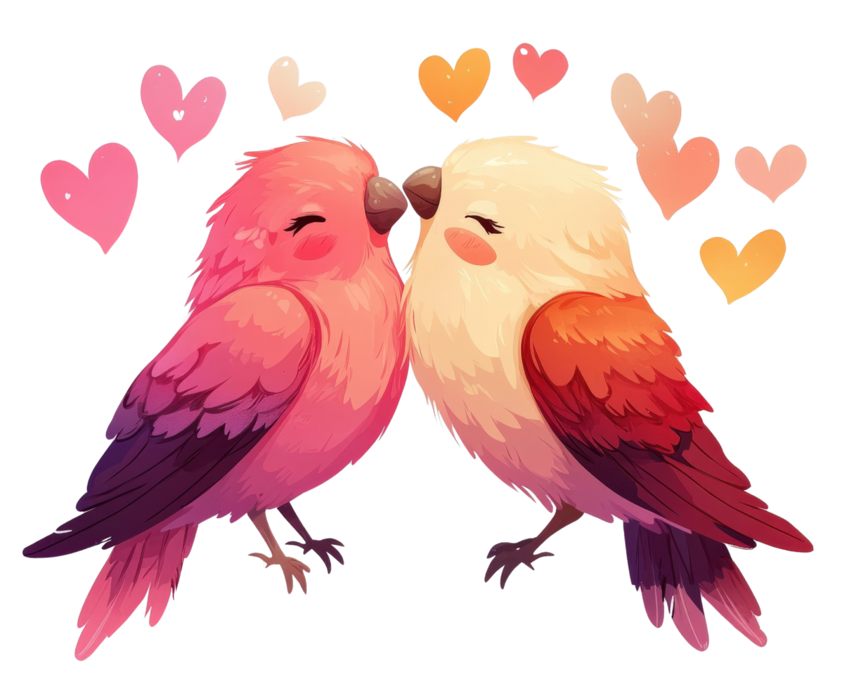 Two pink and red birds are kissing in front of hearts png