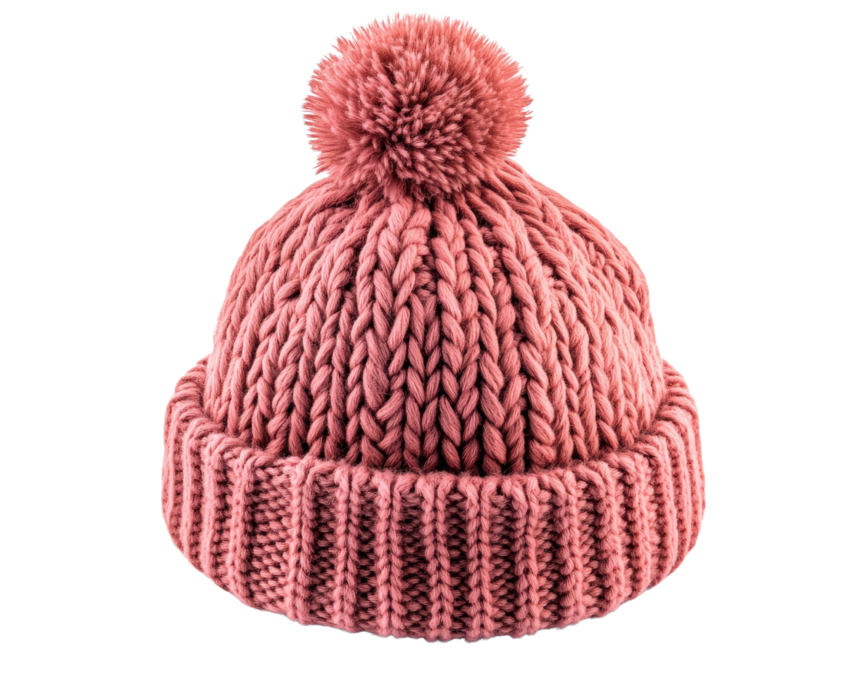 A pink knitted beanie hat with a pom pom png
