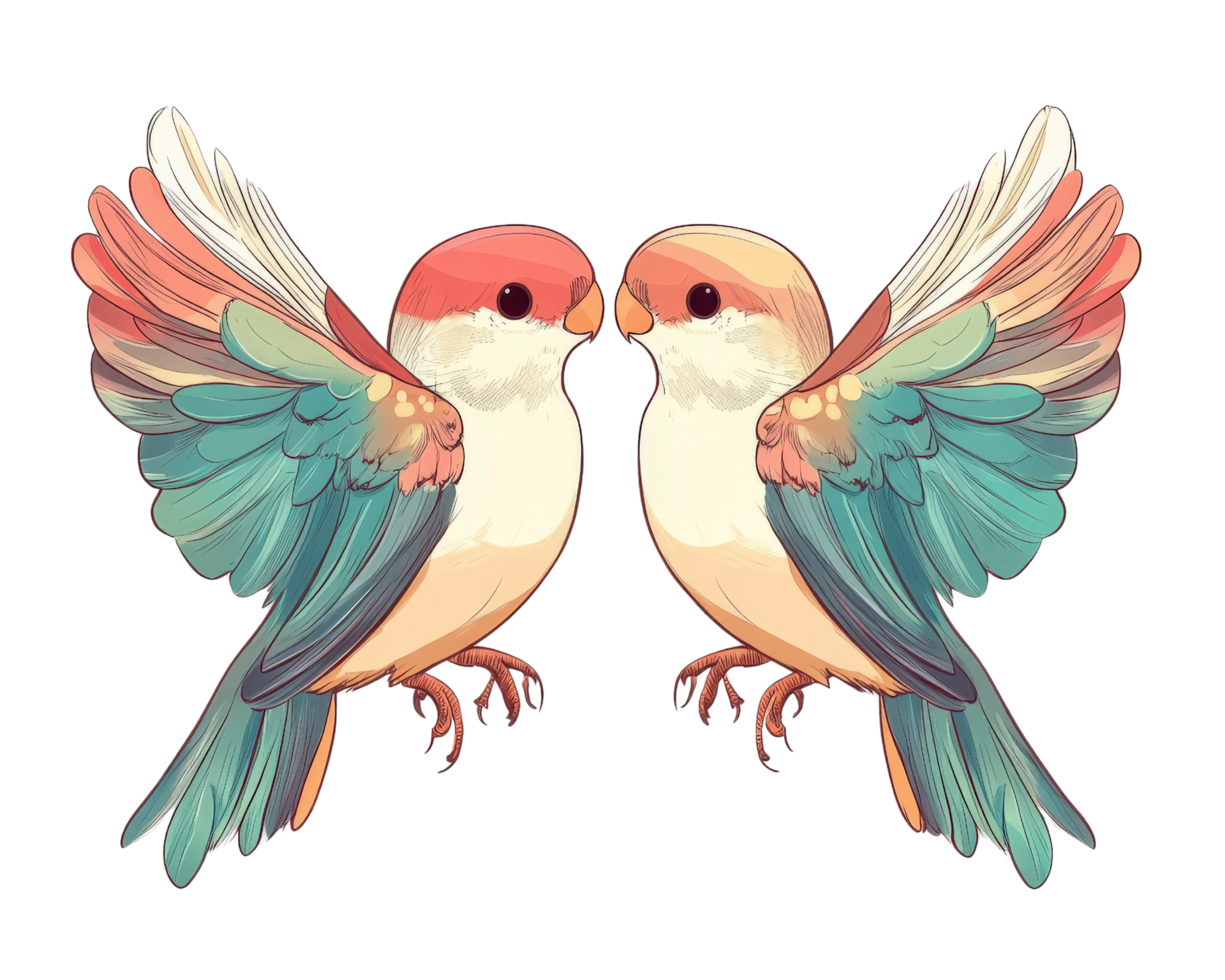 Two colorful birds are standing together on a black background png