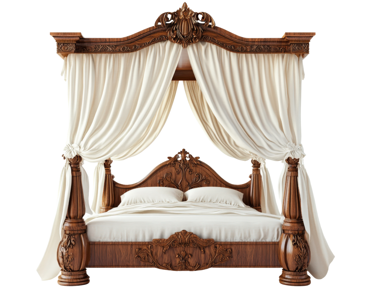 A bed with a canopy and white curtains png