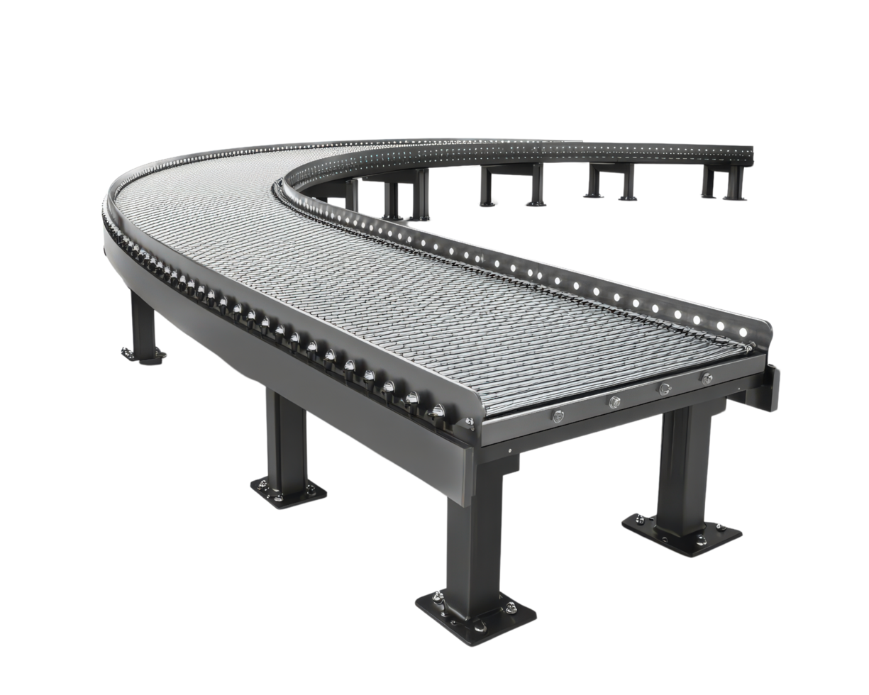 A curved conveyor belt with metal rails png
