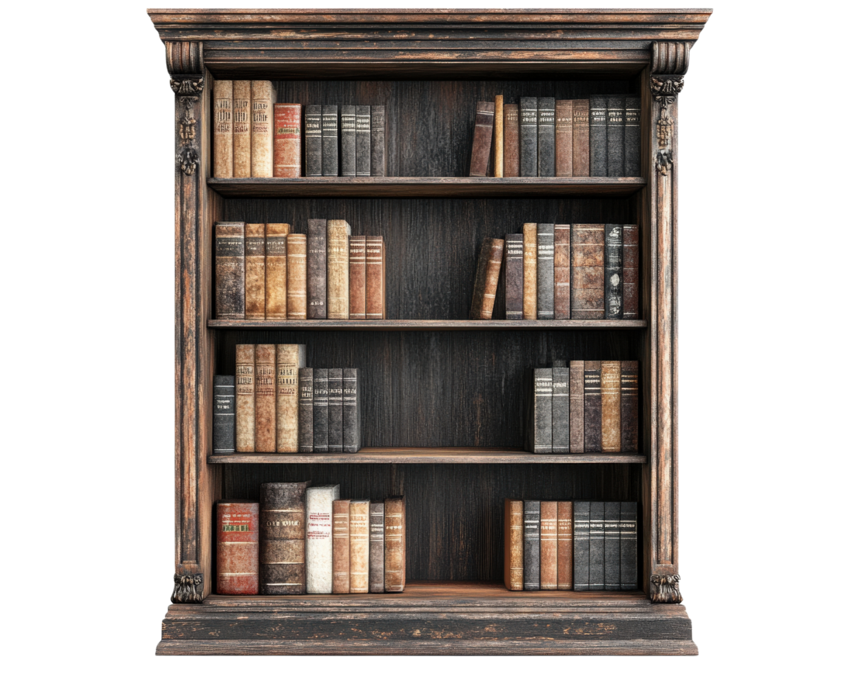 An old book shelf with books on it png