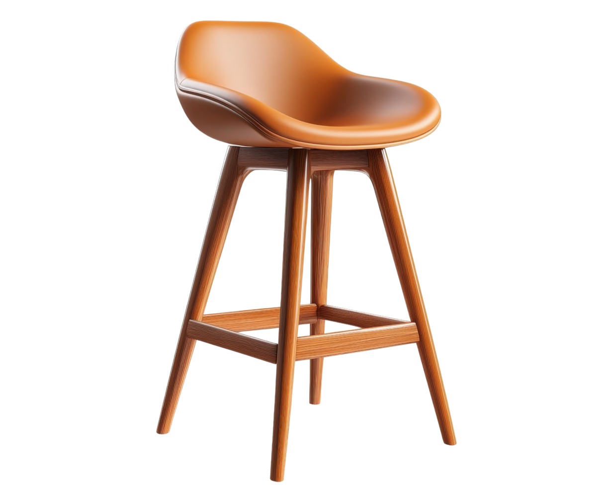 A modern bar stool with a wooden frame and a brown leather seat png