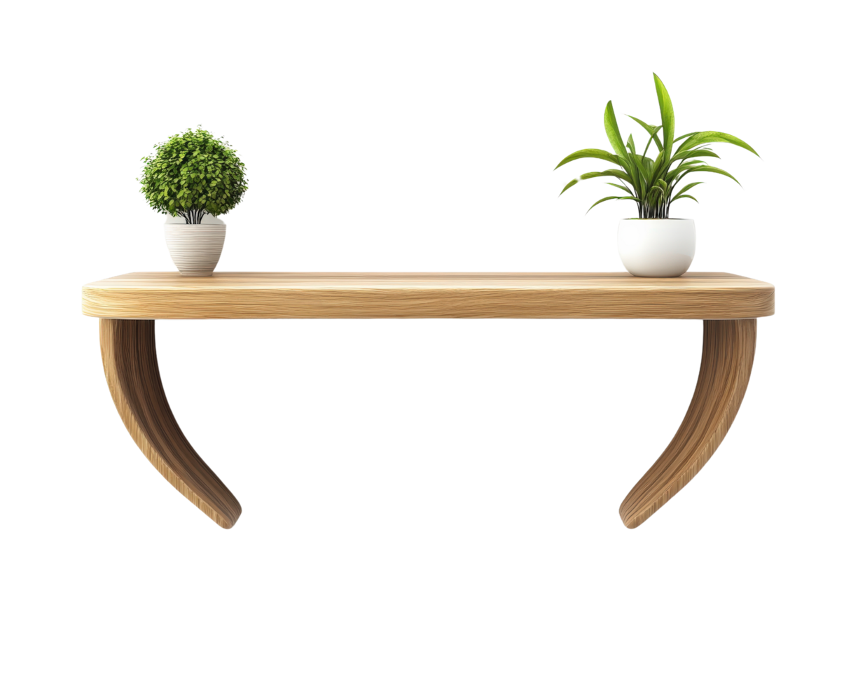 A wooden table with two potted plants on it png