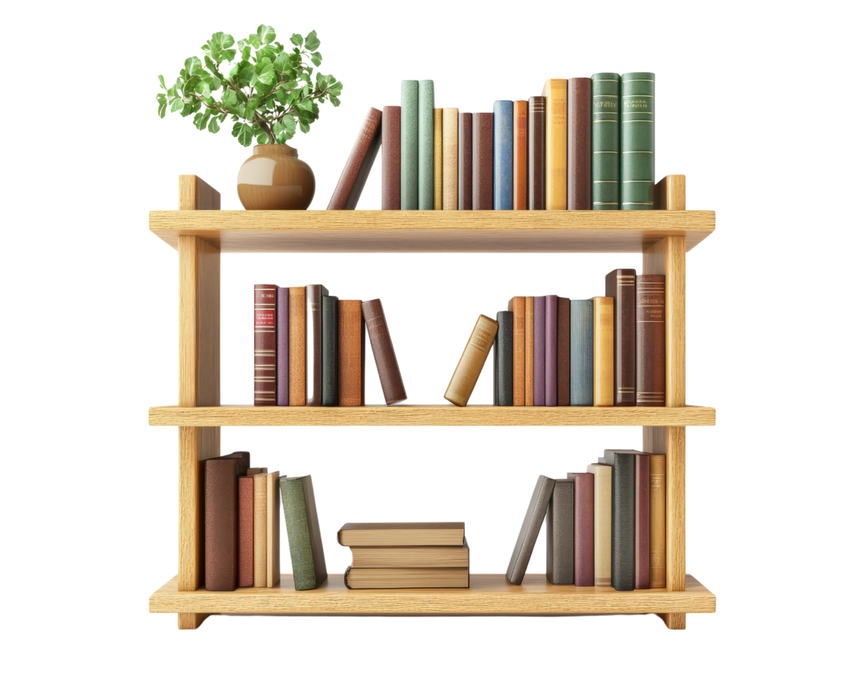 A wooden book shelf with books and a plant png