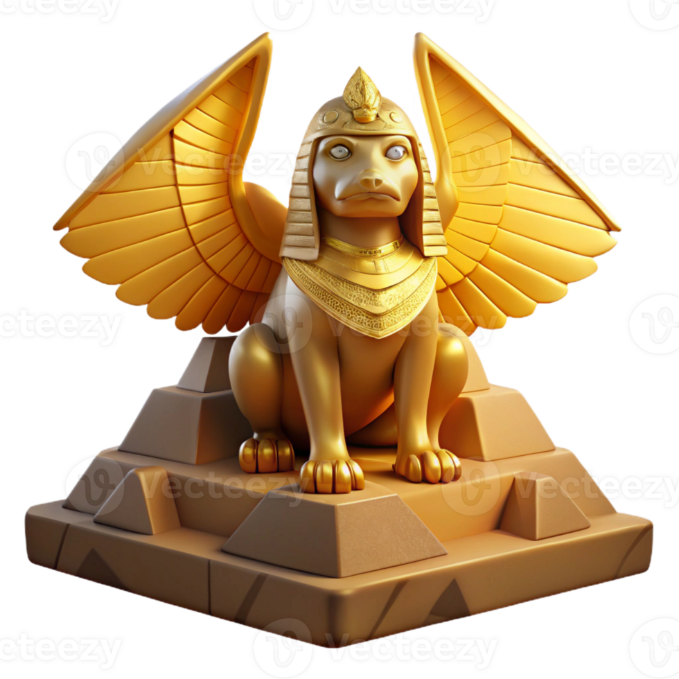 wonderful minimalist A mysterious sphinx with golden wings and a enigmatic gaze, perched atop a ancient pyramid. Warm, desert lighting. Mythical, enigmatic style exclusive png