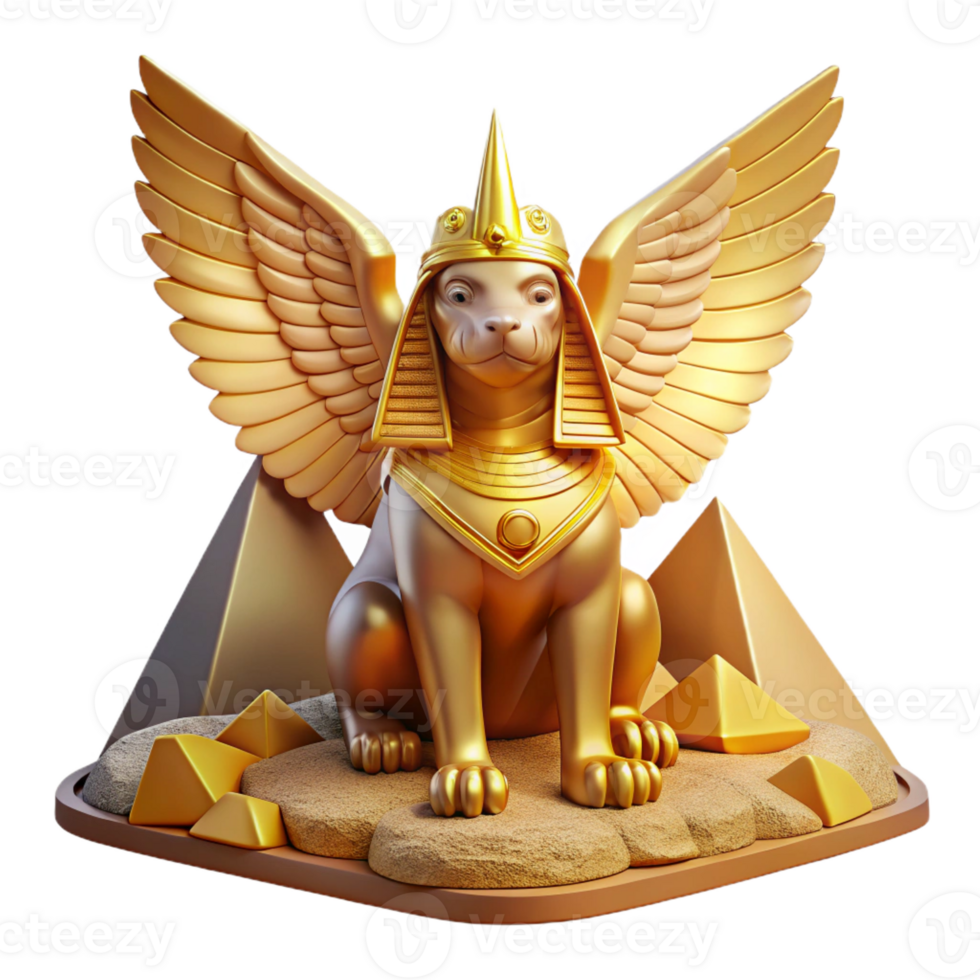 stunning artistic A mysterious sphinx with golden wings and a enigmatic gaze, perched atop a ancient pyramid. Warm, desert lighting. Mythical, enigmatic style 4K png