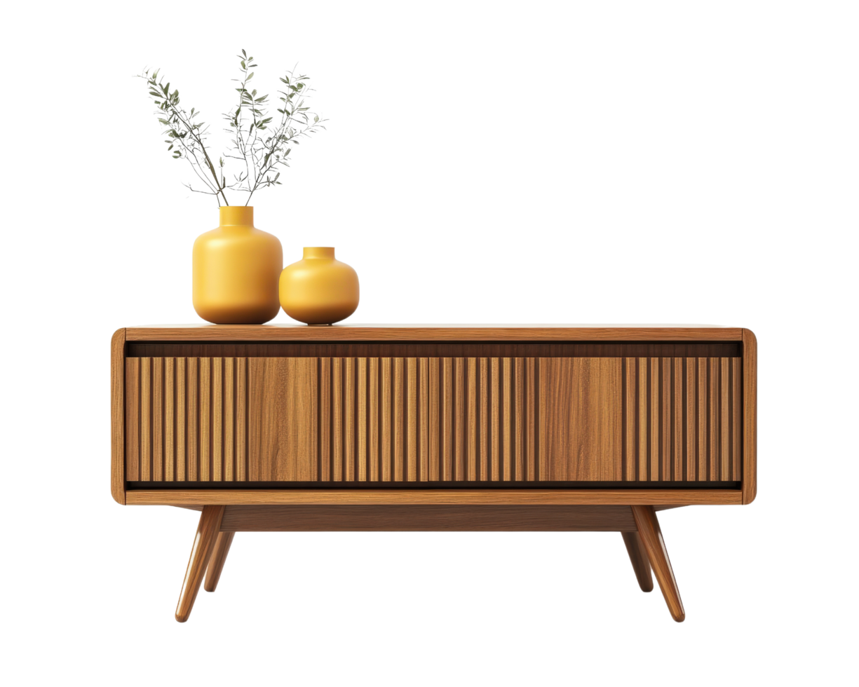 A sideboard with two vases on it png
