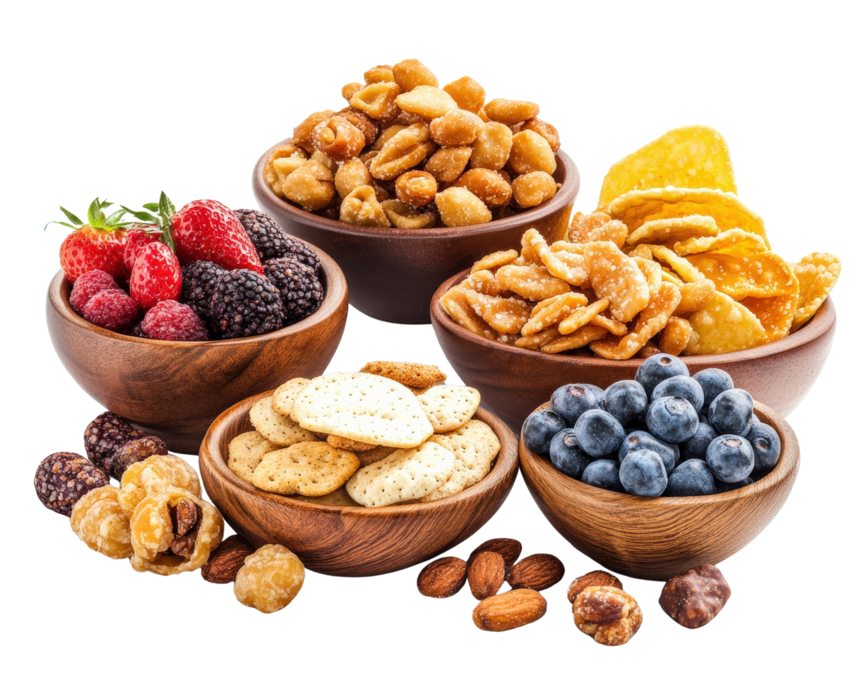 A variety of nuts and berries in wooden bowls png