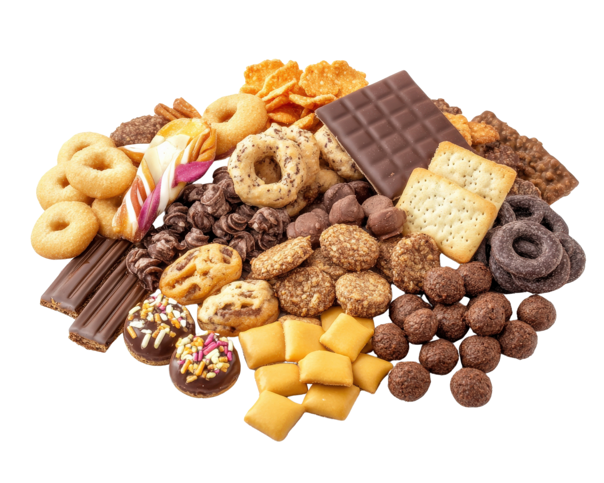 Assortment of cookies, crackers, and other snacks png