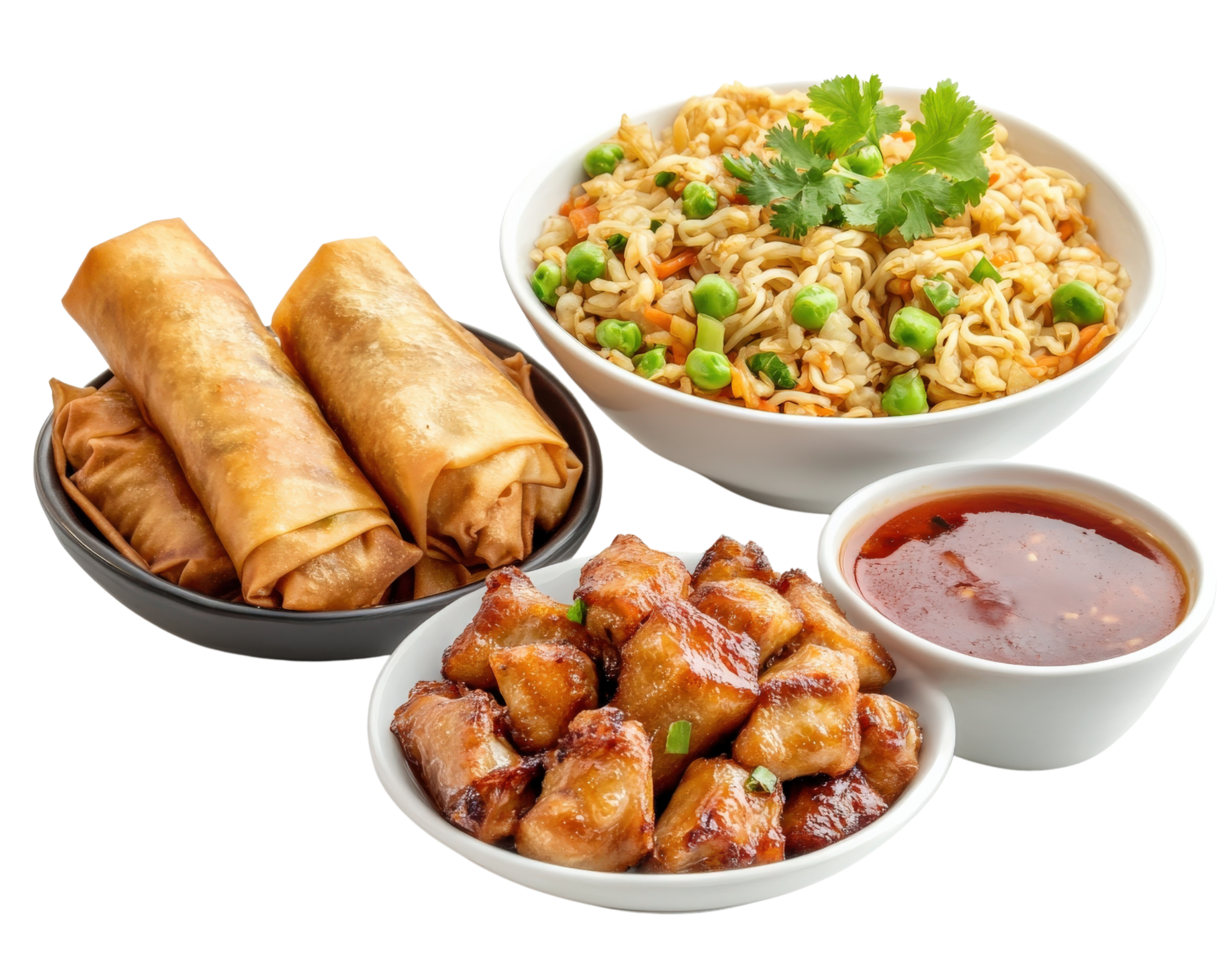 Chinese food with rice, chicken and vegetables png