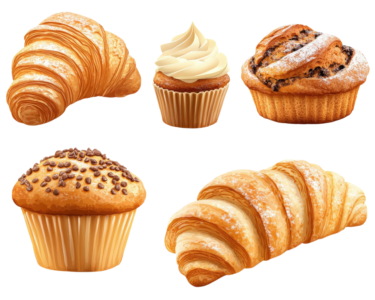 A set of different types of croissants and muffins png
