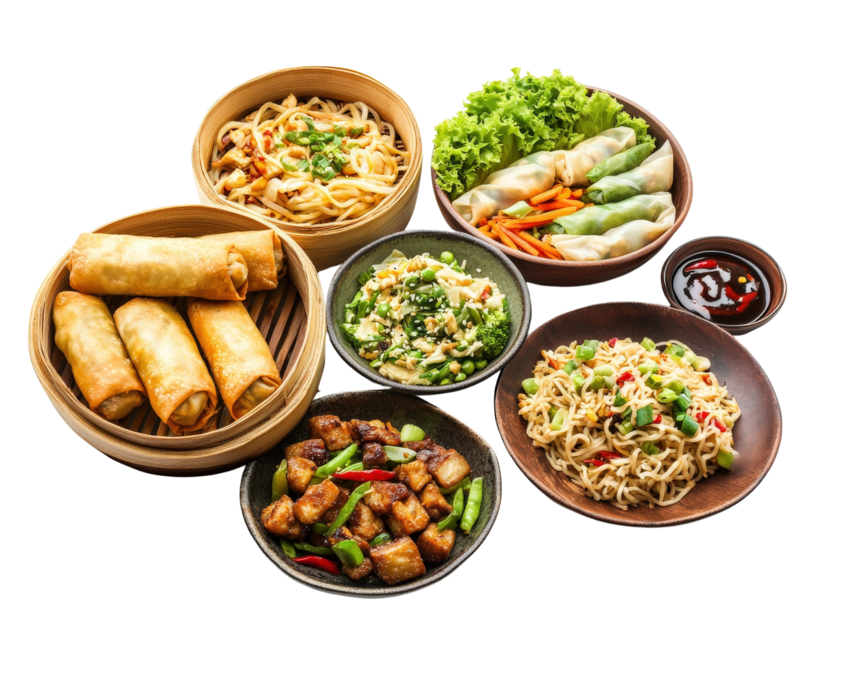 A variety of asian food in bowls png