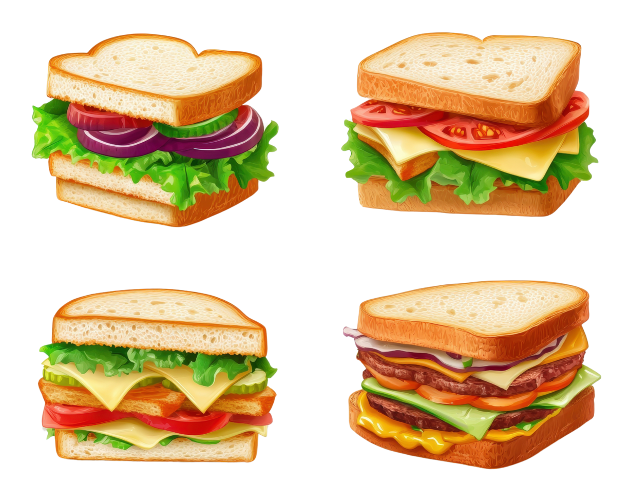 A set of four sandwiches with different toppings png