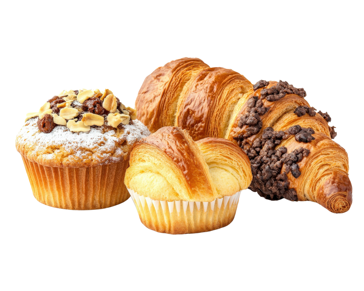 Three different types of croissants and muffins png