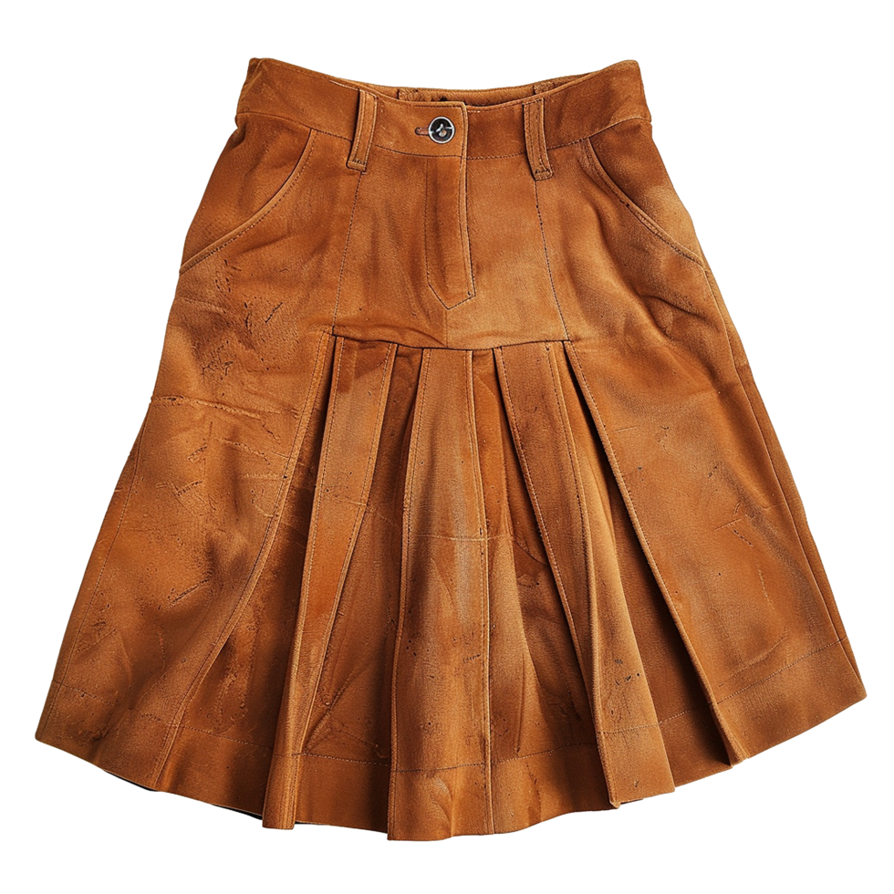 Brown Pleated Suedelike Mini Skirt with Pockets and Button png