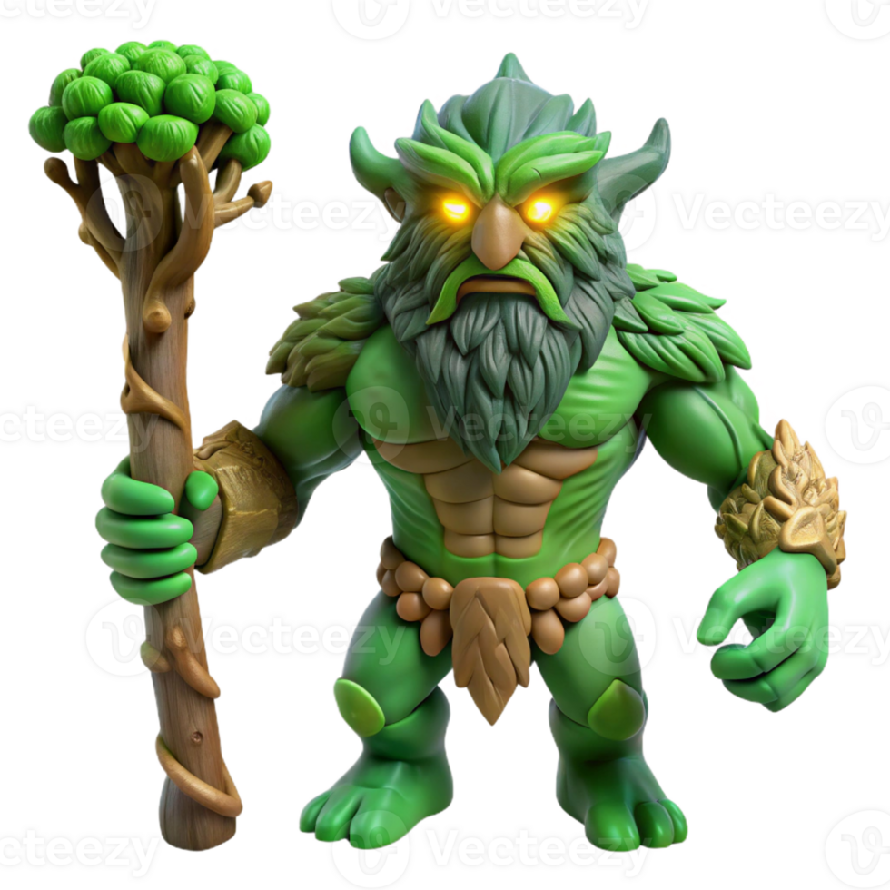 extraordinary artistic A powerful giant with tree-like skin and glowing green eyes, holding a massive club. Soft, forest lighting. Colossal, mythical style detailed png